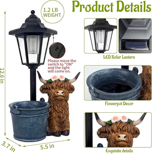 YEPOTUE Solar Highland Cow Outdoor Statue, Garden Decor with Flowerpot & Lantern Highland Cow Figurines for Yard Art Lawn Ornaments Porch Patio Balcony - Gifts for Women Mom