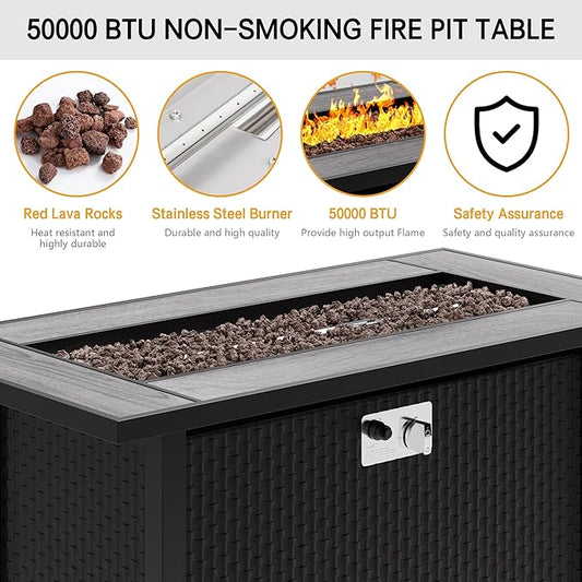 Meilocar 45in Fire Table, Propane Fire Pit with Red Lava Rocks and Rain Cover, Outdoor Firepit Table with Tile Top 50000 BTU 2-in-1 Fire Table for Patio/Yard/Balcony, Gray Tabletop
