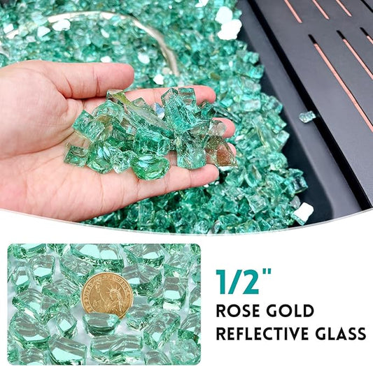 20 Pounds Fire Glass 1/2 Inch High Reflective Tempered Firepit Glass Rocks for Fireplace, Fire Pit Table, Fire Bowl and Landscaping (Emerald Green)