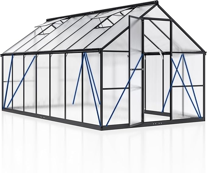 Polar Aurora 8x14 FT Outdoor Greenhouse, Polycarbonate Structure with Easy Assembly and Roof Vent, Large Walk-in Aluminum Greenhouse for Backyard and Garden, Black
