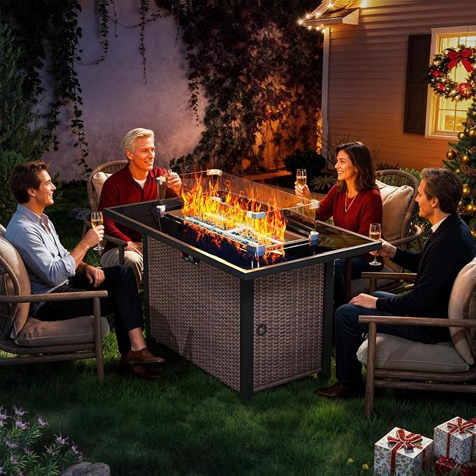 Propane Fire Pit Table, Outdoor Fire Pit Table, 43" Rattan Rectangle Outdoor Gas FirePit with Glass Wind Guard, Tempered Glass Tabletop, Lid, CSA Listed, 60,000 BTU, Outside Patio Deck & Garden, Brown