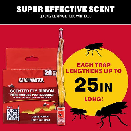 Catchmaster Fly Ribbon 96-Pack, Bug & Fruit Fly Traps Outdoor and Indoor, Premium Adhesive Sticky Fly Strips & Gnat Hanging Strips, Bulk Flying Insect Paper Rolls, Pesticide-Free Home Pest Control
