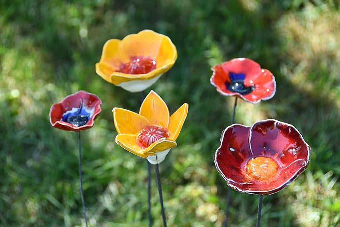 Midene Ceramic Garden Decor - Flower Lawn Stake - Outdoor Statue - Perfect, Unique Gifts for Gardeners Woman, Men, Yard Gifts - Handmade, Frostproof