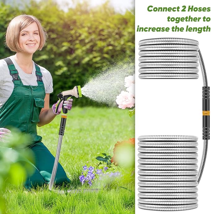 Garden Hose 75ft, Stainless Steel Heavy Duty Water Hose with 10 Function Nozzle Flexible, Lightweight, No-Kink, Pet Proof, Puncture Proof Metal Hose for Yard, Outdoor