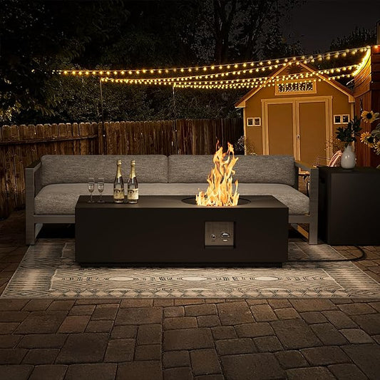 48" Rectangular Propane Firepit with Round Burner – 50,000 BTU Fire Pit Table with Lid, Rocks, Cover and Tank Storage – Outdoor Modern Fireplace for Deck or Patio (Black, 48" Standard)