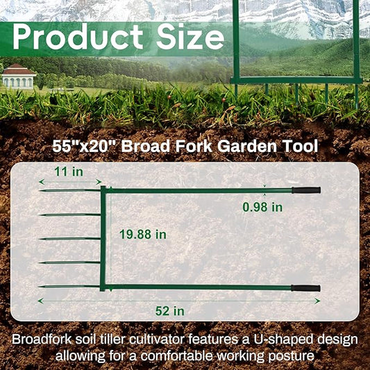 5 Tines Heavy Duty Broad Fork, 55"*20" in Broad Fork for Gardening– Heavy-Duty Hand Tiller for Digging, Cultivating & Aerating Clay Soil, Ergonomic U-Shaped Design for Comfortable Gardening & Farming