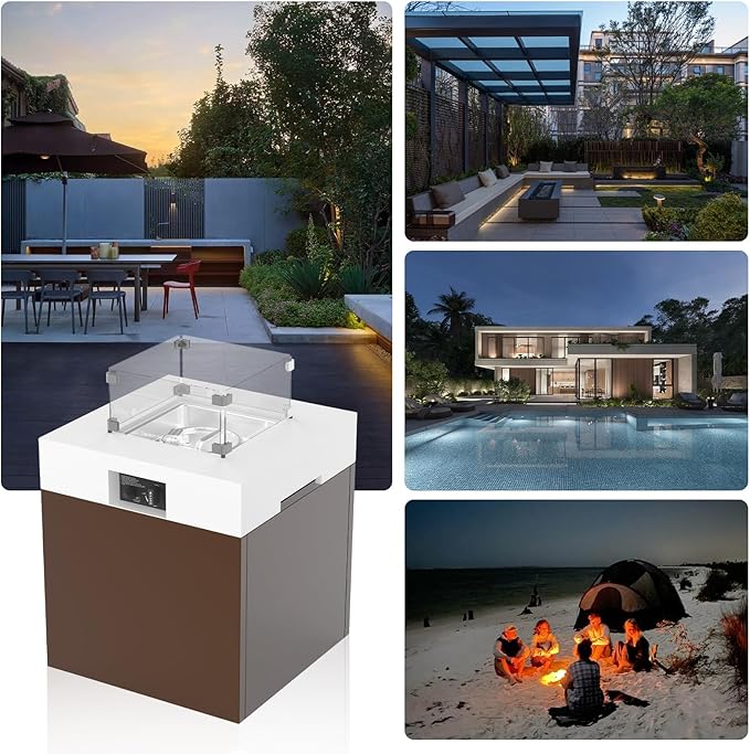 22" Aluminum Fire Pit Table, 37,000 BTU Gas Firepit for Outdoor Patio Deck and Garden, CSA Certified Fire Pit with Lid, Waterproof Cover, Glass Wind Guard and Glass Stone, Brown