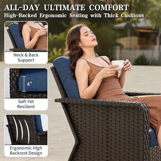 6 Piece Patio Furniture Set,Outdoor Conversation Set with Swivel Rocker Chairs, 3-Seat Sofa, Ottomans and Side Table, Modern Rattan Couch Set for Garden, Deck, Balcony, Navy Blue