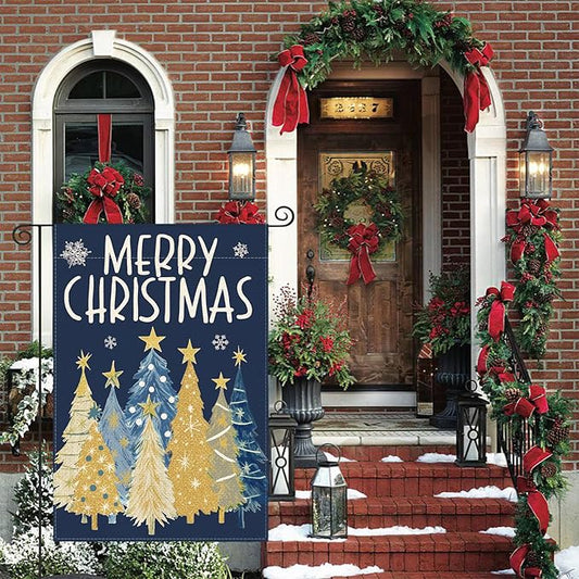 AVOIN colorlife Merry Christmas Garden Flag 12x18 Inch Double Sided Outside, Christmas Trees Winter Holiday Yard Outdoor Flag Blue