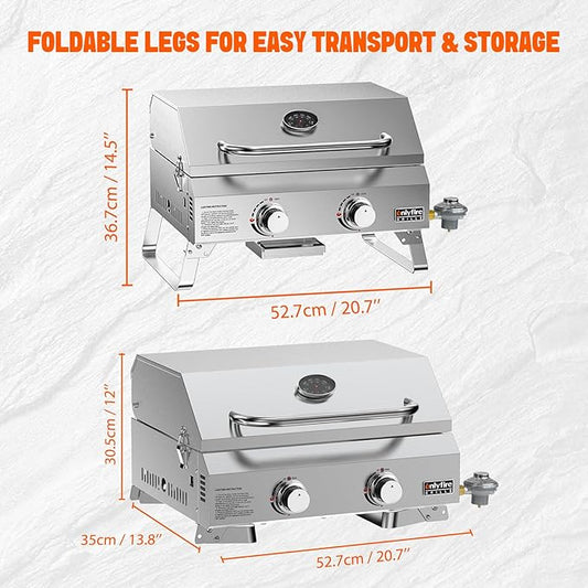 Tabletop Gas Grill 2 Burners, 20" Portable Propane Grill with Foldable Legs for Outdoor Patio Backyard Camping Tailgating RV Trip Beach, Stainless Steel Gas Stove 16000BTU, GS322