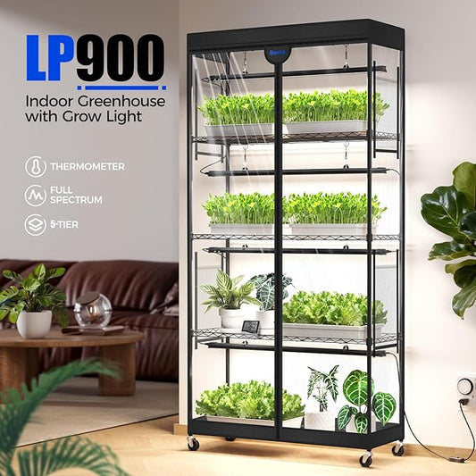 Barrina LP900 Indoor Greenhouse with Grow Light, 5-Tier Plant Stand with Tent, 180W TX-S45 3FT Grow Light 5000K Full Spectrum, Timer & Thermometer for Seed Trays, 35.4 x 13.8 x 70.9IN