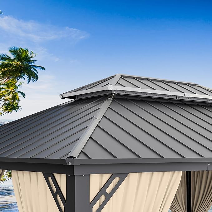 12’x20’ Hardtop Gazebo Outdoor Aluminum Frame Permanent Gazebo Galvanized Steel Double Roof Gazebos with Nettings and Curtains for Patio, Lawns,Backyard, Deck(Brown)