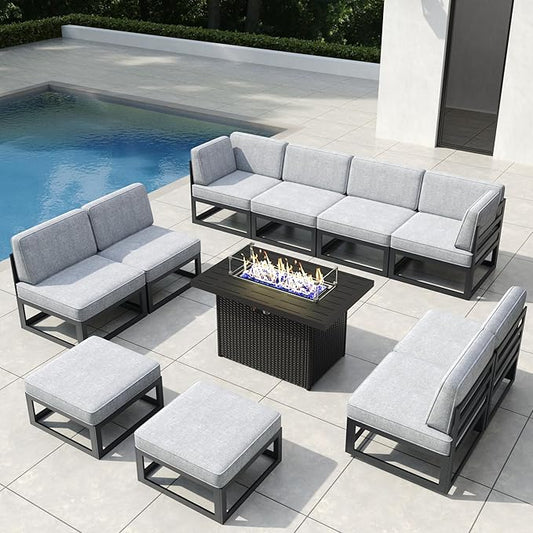 11 Pieces Aluminum Patio Furniture Set with Propane Gas 44" Fire Pit Table, Metal Outdoor Conversation Sofa Set with Seating Cushions
