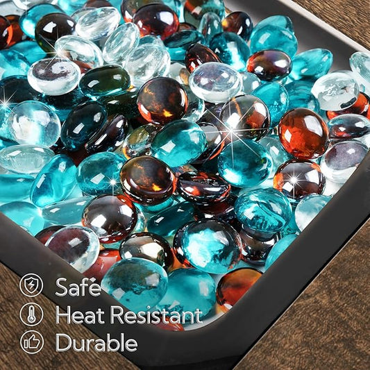 GASPRO 10 lbs Fire Pit Glass for Propane Fire Pit, 3/4 Inch Fire Glass Beads for Fireplace Fire Pit Table, Glass Rocks for Landscaping - White Blue Amber