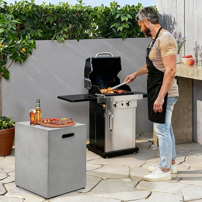Propane Tank Cover Table, Modern Outdoor Gas Tank Covers, 16 X 20inch Square Concrete Tank Storage Box Hideaway Table for Propane Gas Fire Pit, Tank Holder with Handles (Gray)