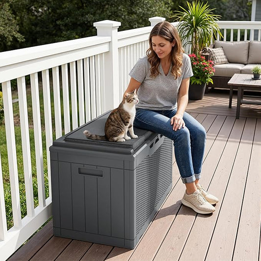 Greesum 100 Gallon Resin Deck Box Large Outdoor Storage Boxes with Cushions for Garden Tools, Patio Furniture Pillows, Pool Supplies, Gray