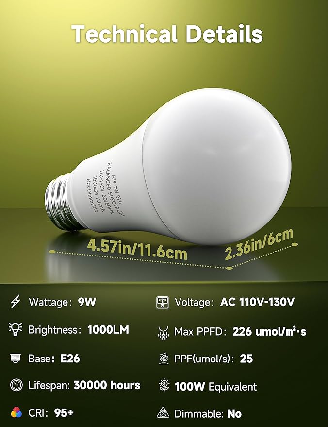 Full Spectrum A19 Grow Light Bulb, E26 Base, 9W (100W Equivalent) for Indoor Plants, Greenhouse - 6 Pack