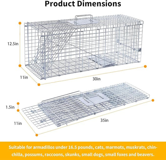 32" Live Animal Traps,Humane Animal Trap for Stray Cats up to 16.5 pounds, Raccoons, Squirrel, Skunk, Mole, Groundhog, Armadillo, Rabbit,Steel Foldable with Pedal Triggers