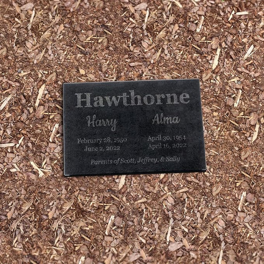 PlaqueMaker Black Granite Memorial Headstone for Two Lost Loved - Great for Your Garden, Tree Dedication, or in a Cemetery. Includes Your Text and Select Clipart (14 x 9 x 2)