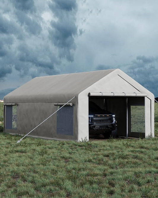 13x25 Ft Carport, Heavy Duty Portable Garage with Roll-Up Doors & 4 Windows,200g PE Tarp Waterproof & UV Protected,All-Weather Design,for Car, Boat, Truck, Motorcycle, ATVs, and SUV