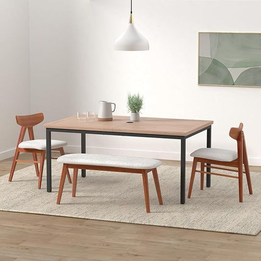 Sophia & William 6-person Metal Outdoor Patio Dining Table Rectangular, E-coating XLarge 63.8"L x 38.2"W Slat Tabletop, Adjustable Umbrella Hole 1.6"- 2", Patio Furniture for Porch Backyard Deck, Teak
