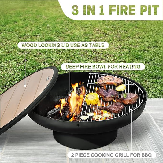 32in Fire Pit Table with Lid,Heavy Duty and Deep Fire Bowl,Outdoor Wood Burning BBQ Grill Firepit Bowl with Cover Lid, Fire Pit for Outside Table for Backyard Bonfire Patio Picnic