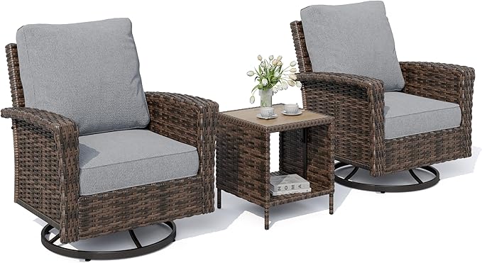 HERA'S HOUSE Outdoor Deck Furniture, High Back Wicker Patio Swivel Chairs with Rattan Table for Porch Balcony Lawn Garden, Grey