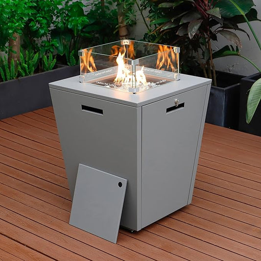 LeisureMod Chelsea 32" Modern Gas Fire Pit Table – 37,000 BTU CSA Certified Propane Steel Outdoor Table with Tempered Glass Wind Guard and Lid for Patio (Grey)