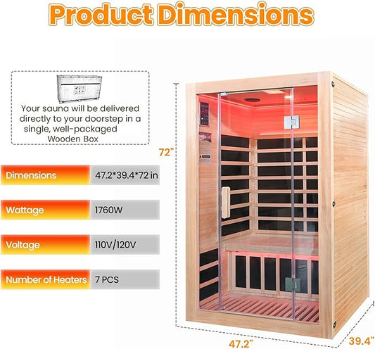 2-Person Home Infrared Sauna with Red Light Therapy & Bluetooth Speakers Dry Heat Sauna for Home & Gym 1760W 120V Low EMF with Control Panel, Indoor Personal Luxury Spa for House and Gym