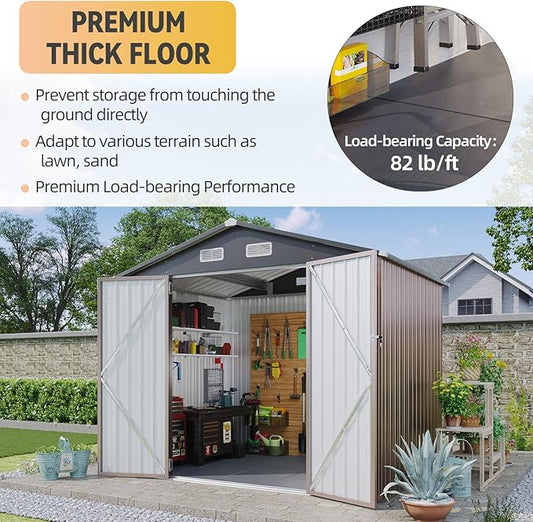 Aoxun 7x5 FT Outdoor Storage Shed with Floor Garden Metal Shed with Lockable Door Outdoor Large Shed for Tool, Garbage Can, Bike, Mower, Brown