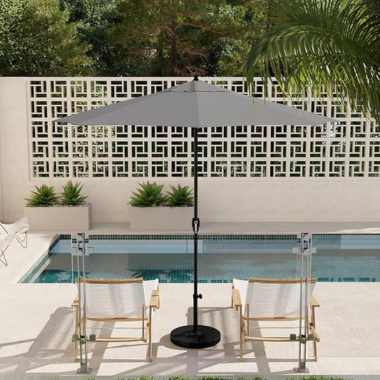 California Umbrella 9' Rd Aluminum Patio Umbrella, Crank Lift, Auto Tilt, Black Finish, Sunbrella Granite