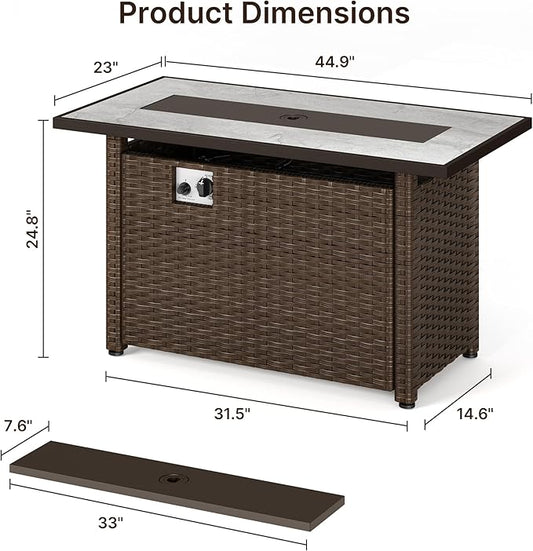 Gizoon 45" Gas Fire Pit Table, Propane Fire Pit with Glass Rocks, Waterproof Cover and Pe Rattan, Outdoor Patio Fire Pits for Backyard, Garden, Party