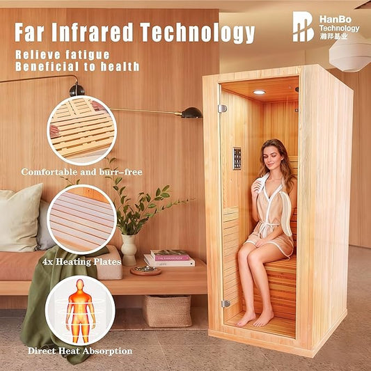 Infrared Home Sauna Room 1 Person Pinus sylvestris 800W Indoor Saunas Low EMF 110V with Control Panel and Tempered Glass Door,Room: 34.6 * 33.5 * 70.9 Inch