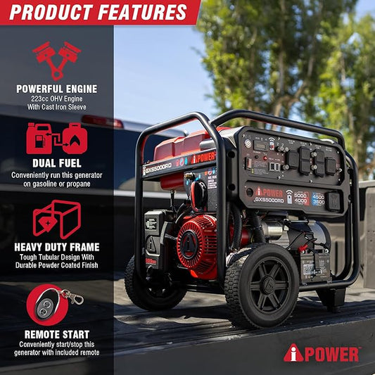 A-iPower 5000-Watt Remote Start Dual Fuel Portable Generator CO Sensor Shutdown, Heavy Duty Generators with 223cc OHV Engine For Jobsite, RV, Home Backup, Emergency(GXS5000RD)