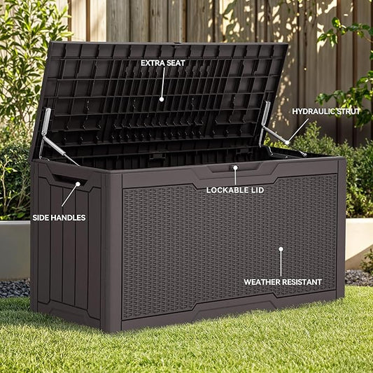 YITAHOME 80 Gallon Resin Deck Box, Weather Resistant Outdoor Rattan Storage Box, Lockable Indoor Outdoor Storage for Supplies and Essentials, Dark Brown