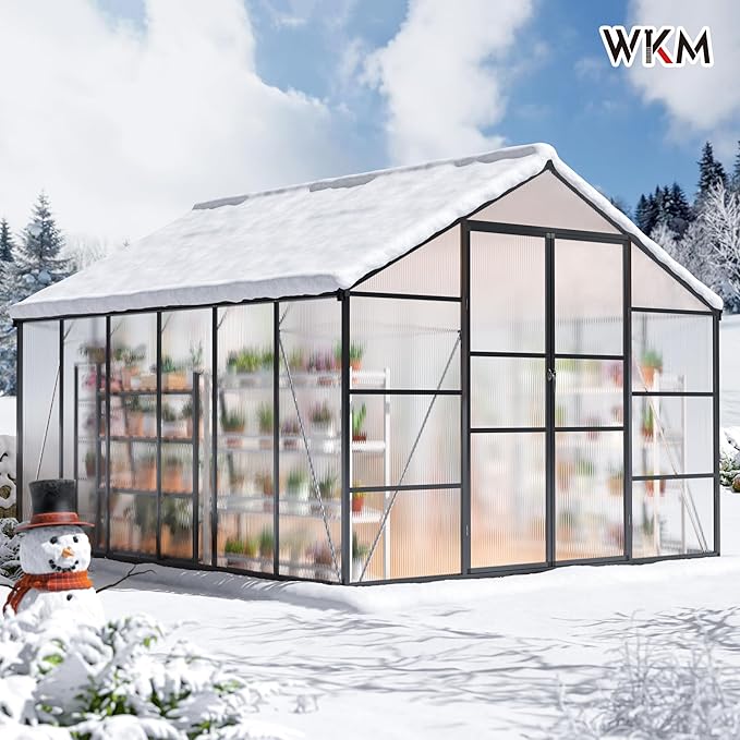 WKM 10x12 FT Polycarbonate Greenhouse, Enhanced Aluminum Frame Greenhouses for Outdoors Withstands Strong Wind or Snow with Roof Vent, Walk-in Green Houses for Outside Garden Backyard, Black