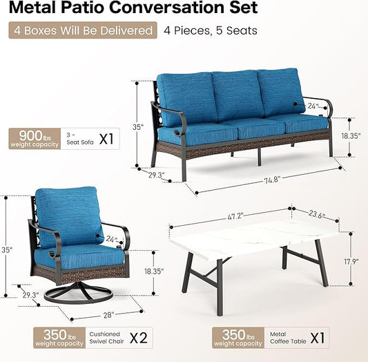4 PCS Metal Outdoor Patio Furniture Set, Patio Conversation Sets 1 3-Seater Sofa, 2 Swivel Chairs with 5.75" Extra Thick Cushion & Coffee Table, Black Frame Backyard Furniture, Blue-2