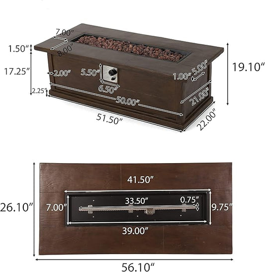 Propane Fire Pit Table, 56" MGO Firepits for Outside, Rectangular Gas Fire Pit for Outside Patio, Propane Fire Table with Rain Cover for Deck, Backyard, 50,000BTU, Tank Not Included, Brown