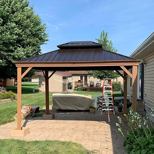12' x 12' Hardtop Gazebo Outdoor Aluminum Gazebos Wood Grain with Galvanized Steel Double Canopy for Patios Deck Backyard,Curtains&Netting by domi outdoor living