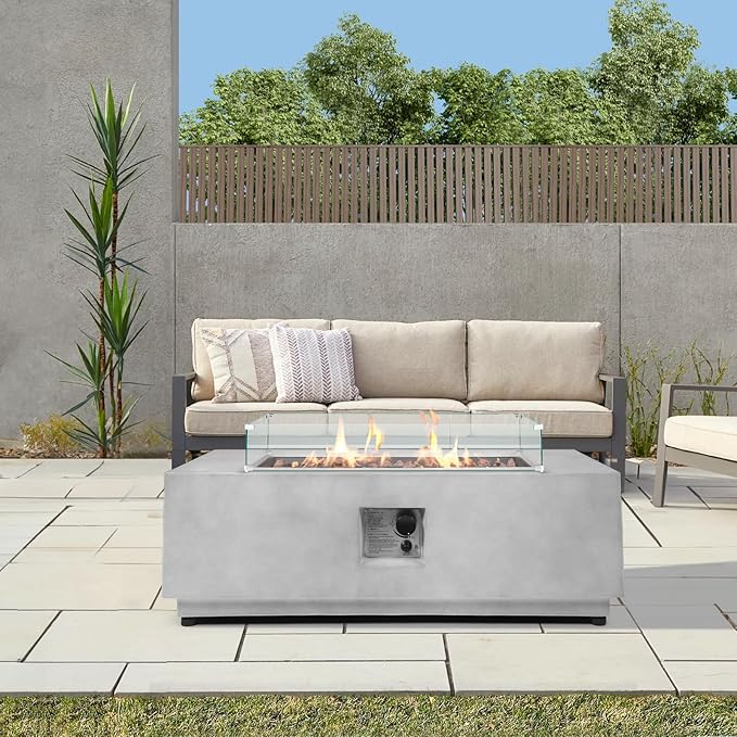 42inch Rectangular Concrete Fire Pit Propane with Wind Guard, 2-Piece Gas Firepit for Outside Patio 50,000 BTU Outdoor Fire Table with Steel Lid, Wind Guard, Lava Rocks, Rain Cover