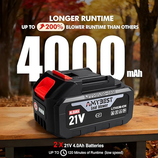 AMYBEST Leaf Blower Cordless, 21V Lightweight Electric Blower with 2 x 4.0Ah Batteries & Fast Charger, Variable Speed for Patio Cleaning, Lawn Care, Blowing Fallen Leaves and Dust (Gray)