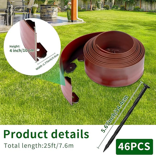 4 in x 25 Ft Garden Landscape Edging, No Dig Garden Edging Border Kit with 46 Pcs Spikes for Flower Bed Lawn Yard Grass Brown