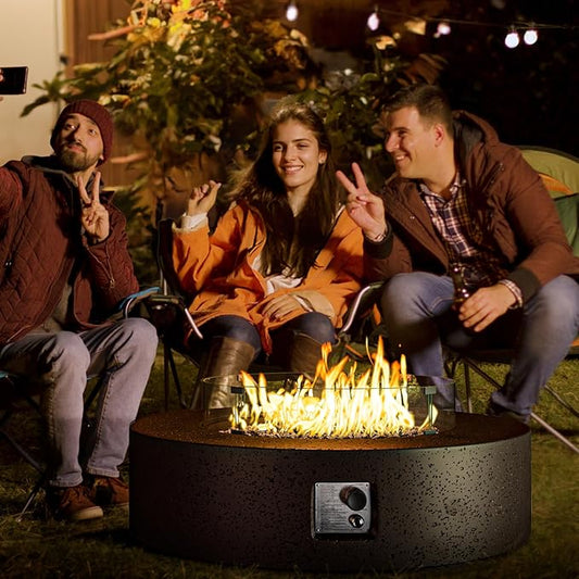 COSIEST 42 inch Outdoor Propane Fire Pit Coffee Table w Concrete Round Base Patio Heater, Certified, 50,000 BTU Stainless Steel Burner, Free Lava Rocks, Wind Guard, Rain Cover