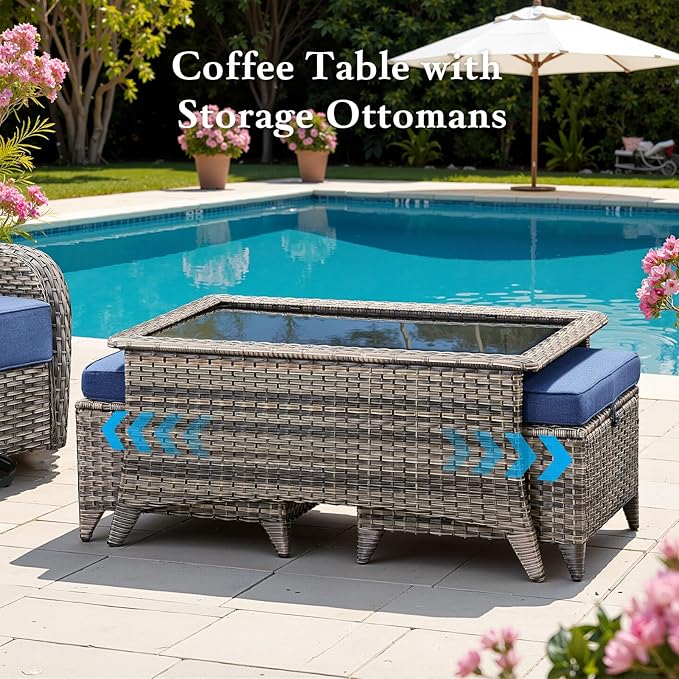 Belord Luxury 6" Thick Cushioned 7 Pieces Patio Furniture Set with Fire Pit Table, Wicker Outdoor Conversation Set with High Back Swivel Rocker Chairs for Deck Porch Yard and Poolside - Grey+Blue