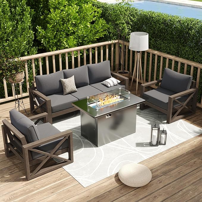 Amopatio Aluminum Patio Furniture with Fire Pit, 6 Pcs Metal Patio Sofa Sets with Aluminum Fire Pit Table, Modern Outdoor Furniture with 6" Cushion, Dark Grey (Included Waterproof Covers)