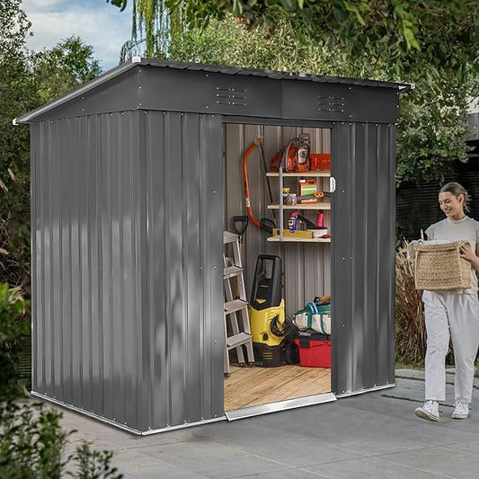 6x4 FT Outdoor Metal Storage Shed with Lockable Door, All-Weather Garden Shed with Sloping Roof & Waterproof Design, Durable Tool Shed for Backyard, Patio, Light Gray