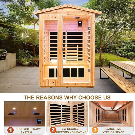 Far Infrared Sauna Room for 2 Persons Low EMF Home Indoor/Outdoor Saunas Canadian Premium Hemlock Wood-Sweating Detox-Colored Light Spectrum-LCD Display-Bluetooth