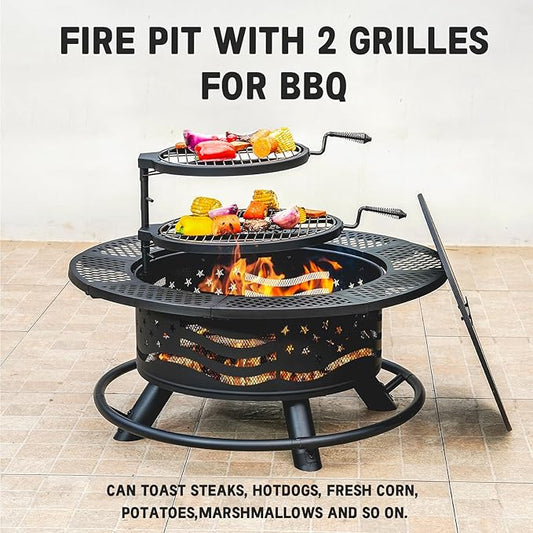 36 Inch Fire Pit with 2 Cooking Grates, Outdoor Wood Burning BBQ Grill Firepit Bowl with Cover Lid, Steel Round Table for Backyard Bonfire Patio Picnic (Black, 36IN)