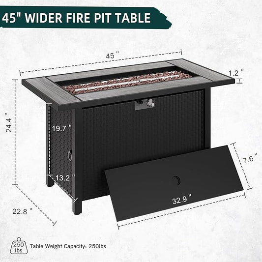 45in Fire Table, Propane Fire Pit with Removable Lid, 50000 BTU with Lava Rock and Alumium Frame Tables for Patio Garden, Outdoor Firepit Table, Grey