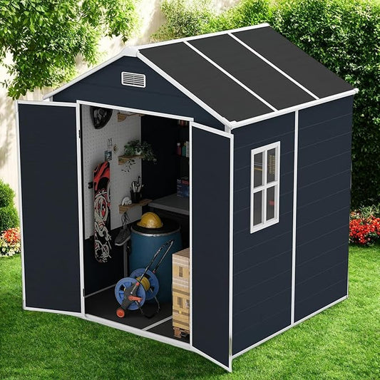 Outdoor Storage Shed 5.5FTx5.5FT, Resin Shed with Floor & Window, Lockable Door, Vents, Outside Sheds & Garden Shed for Patio Furniture, Gardening Tools, Pool Equipment (Dark Gray, 5.5 * 5.5ft)